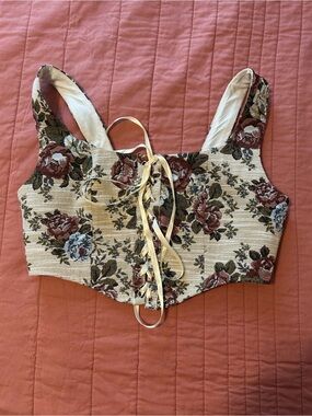 Fashion Nova Floral Lace-Up Cropped Bustier Top - Beige, Rose, Green
